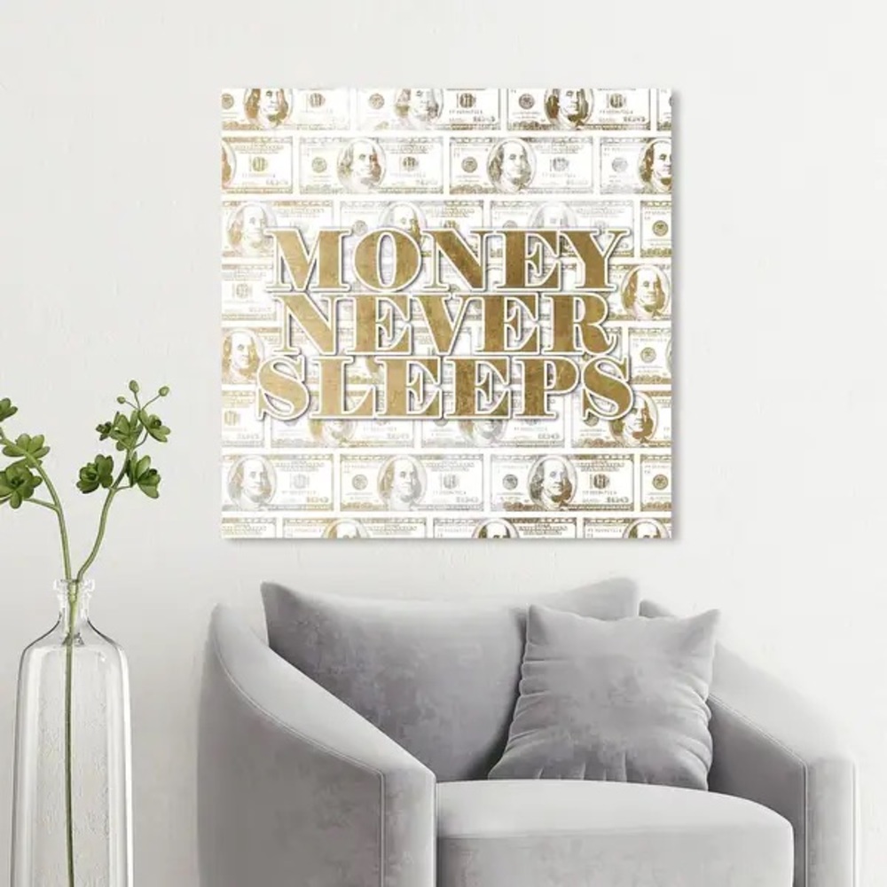 Gold and White 'Money Never Sleeps' Wall Art